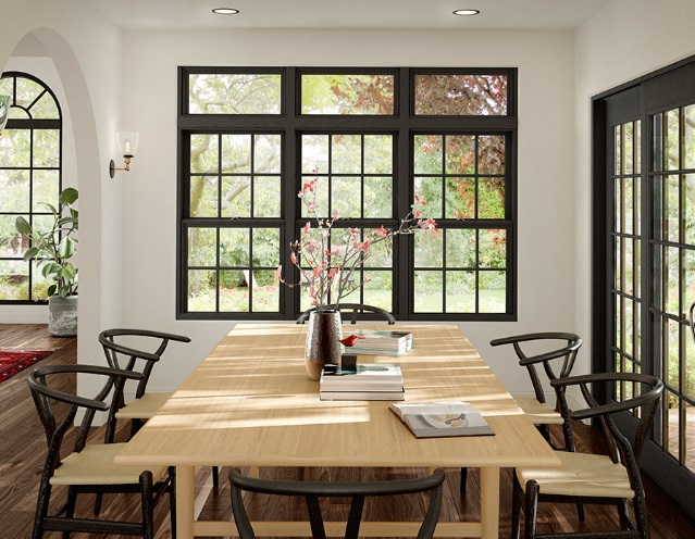Black fiberglass windows with grids in Minneapolis home's dining room.