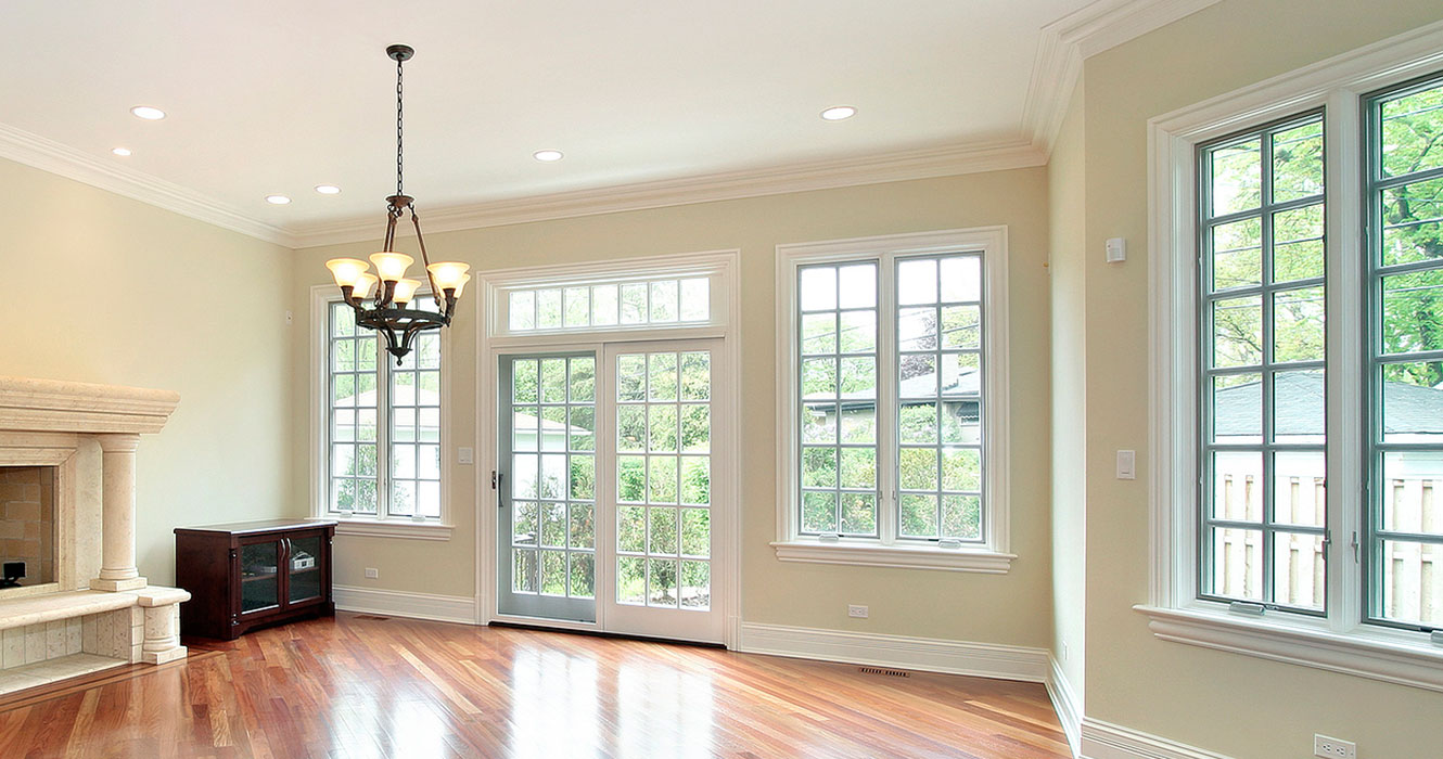 interior view of single hung windows and a sliding glass door