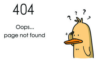Picture of a confused duck with the words "404 Oops…page not found"