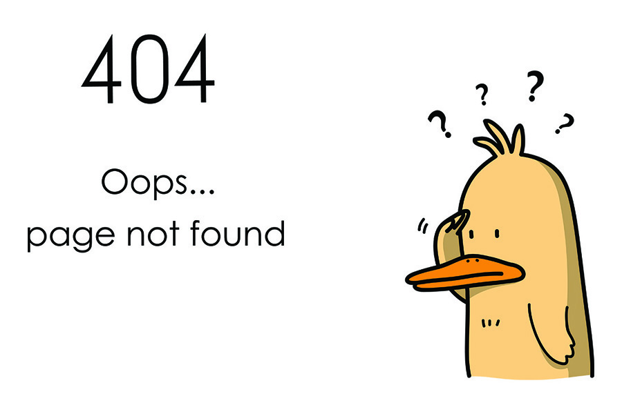 Picture of a confused duck with the words "404 Oops…page not found"