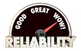 A scale with the words "Good, Great, Wow!" and caption text reading "Reliability"